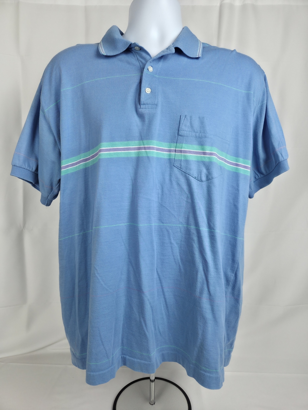 Claybrooke Classic..Men's Light Blue Striped Polo Shirt with Chest Pocket